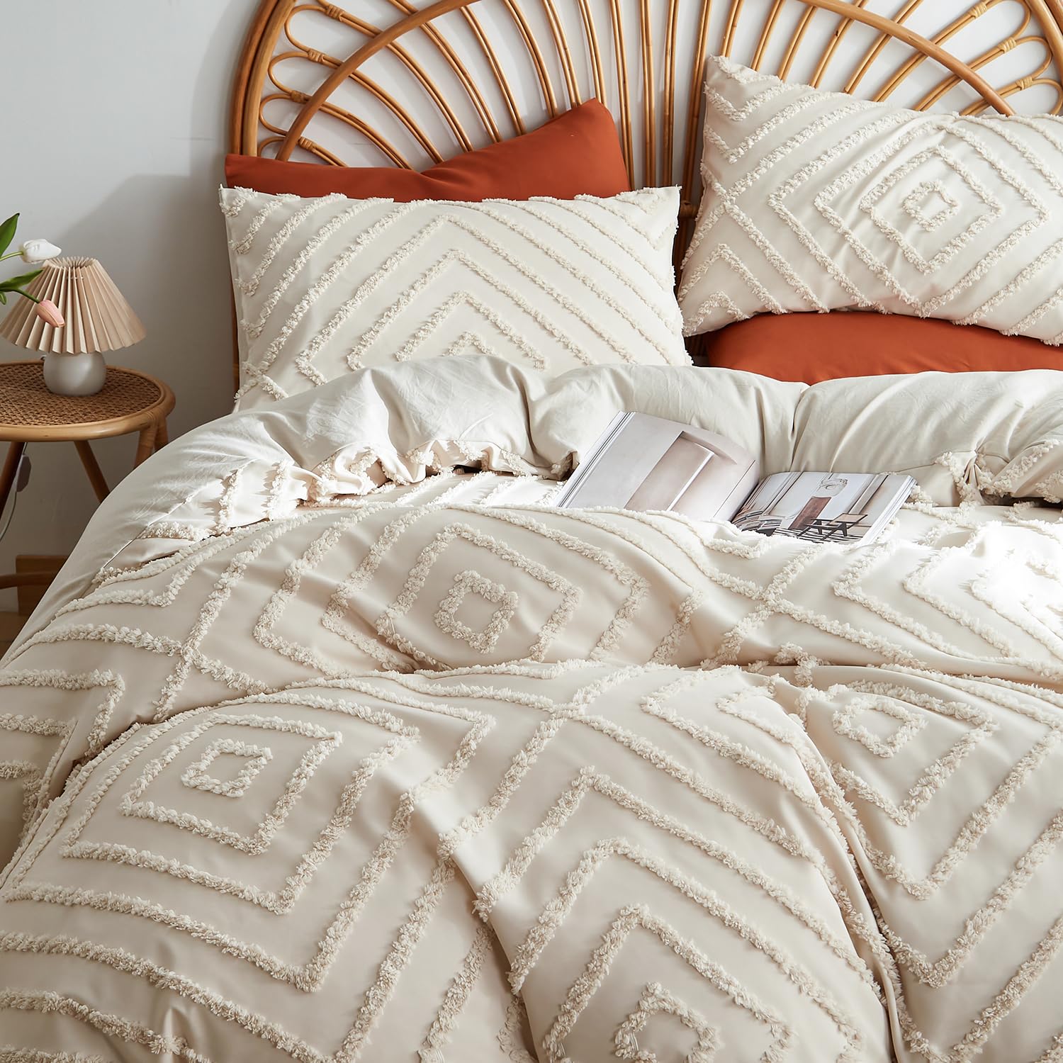 Nayoroom Boho Duvet Cover Queen Size Beige Tufted Chenille Rainbow Textured Comforter Cover 3 Pcs Luxury Soft Washed Microfiber